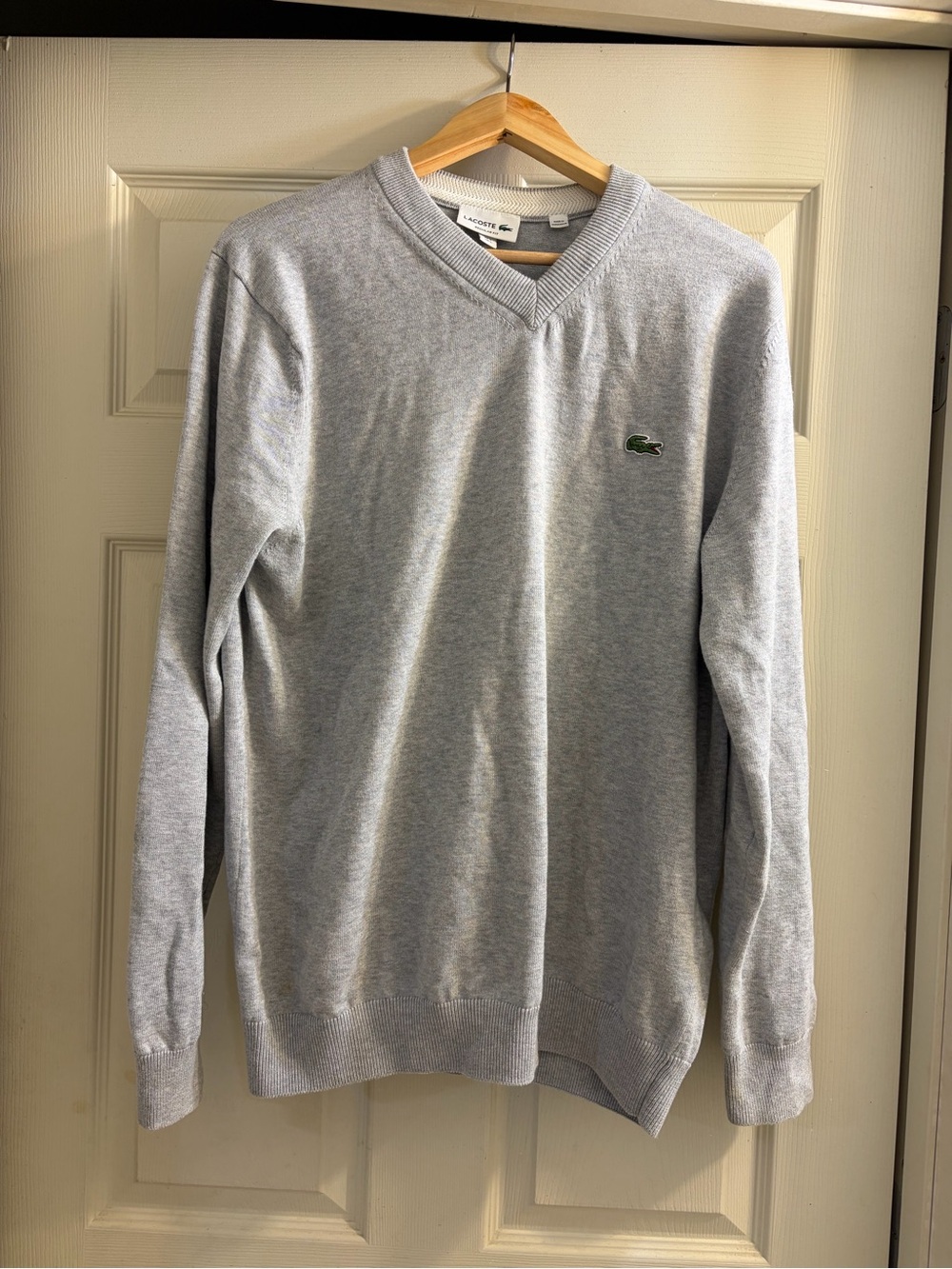 Lacoste Men's Light Gray V-Neck Sweater with Green Crocodile Logo